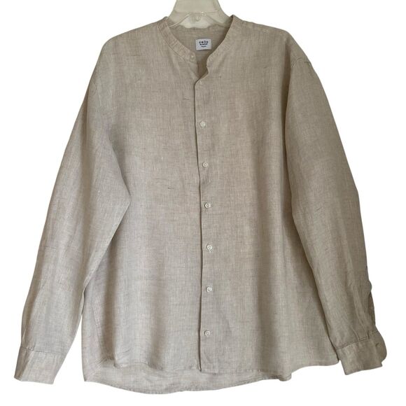 Celio Linen Shirt Men 17/XL Oatmeal Button Up Long Sleeve Resort Boho Summery - Picture 1 of 9